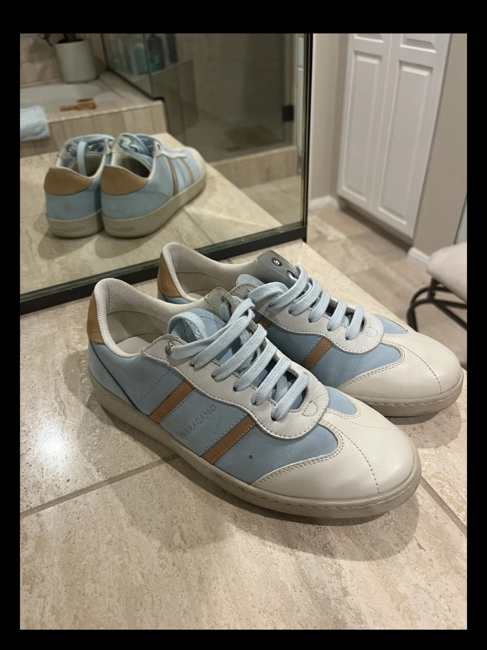 Salvatore Ferragamo White and Light Blue Leather Sneakers with Tan Accents